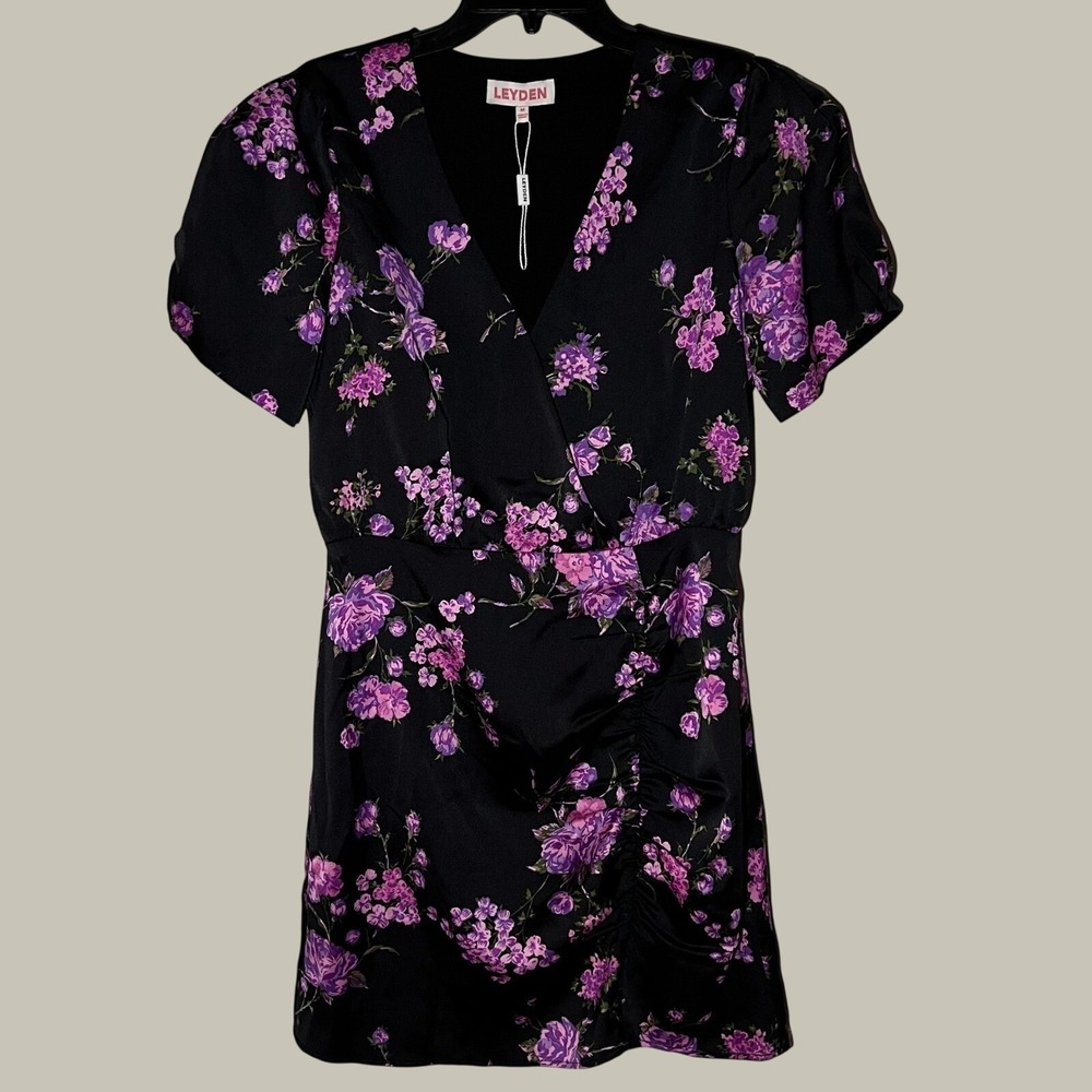NWOT LEYDEN Black Floral Print V Neck Short Sleeve Ruched Dress Women Medium